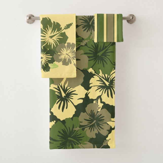 Epic Hibiskus Hawaiian Floral Coordinated Olive Badhandtuch Set (Insitu)