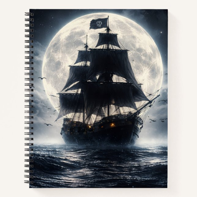 Epic Pirate Ship Moon Notebook – Dark Ocean Pirate Notizbuch (Vorderseite)
