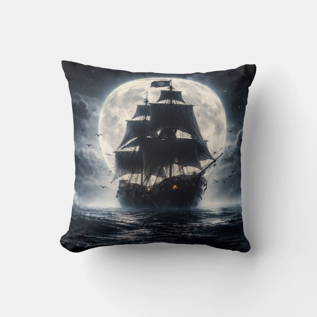 Epic Pirate Ship Moon Throw Pillow – Dark Ocean Pi Kissen (Vorderseite)