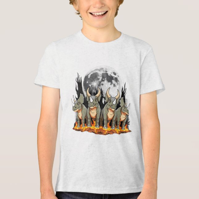 Epic Triceratops Dinosaur – Fiery Moonlight Prehis Tri-Blend Shirt (Vorderseite)