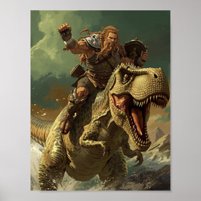 Epic Viking Warrior Riding a Roaring T-Rex Poster (Vorne)