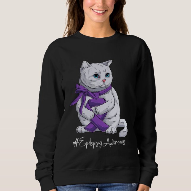 Epilepsy Awareness Month Purple Ribbon Cat Sweatshirt (Vorderseite)