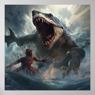 Epische Schlacht von Megalodon gegen T-Rex Poster 
