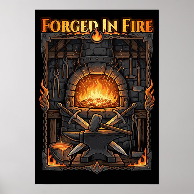 Epische Schmiede Esse Amboss und Schwerter Fantasy Poster (Vorne)