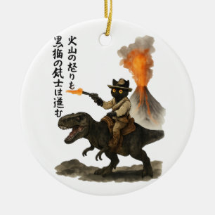 Epische schwarze Katzen-Cowboy-Reitdinosaurier mit Keramik Ornament