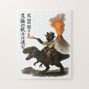 Epische schwarze Katzen-Cowboy-Reitdinosaurier mit Puzzle
