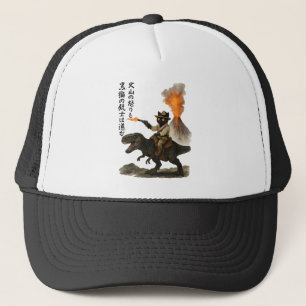 Epische schwarze Katzen-Cowboy-Reitdinosaurier mit Truckerkappe