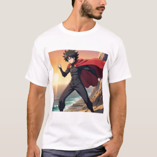 Epischer Anime-Held bei Sonnenuntergang – Mächtige T-Shirt