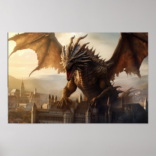 Epischer Drache über mittelalterliches Stadtplakat Poster (Vorne)