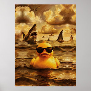 Epischer Hai-Angriff mit mutiger Gummiente Poster