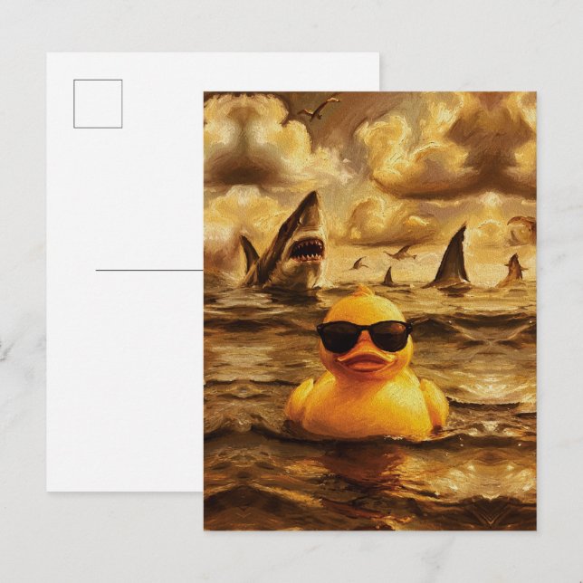 Epischer Hai-Angriff mit mutiger Gummiente Postkarte (Vorne/Hinten)