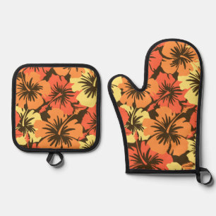 Epischer Hibiskus Hawaiian Floral Aloha Orange Ofenhandschuh & Topflappen-Set
