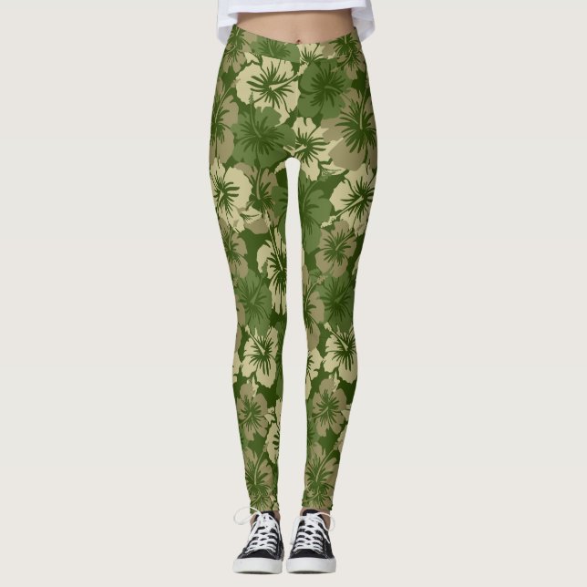 Epischer Hibiskus-hawaiische tropische Blumenolive Leggings (Vorderseite)
