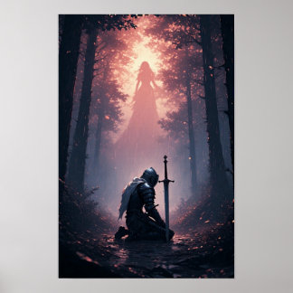 Epischer Ritter in einem dunklen Fantasy-Wald Poster