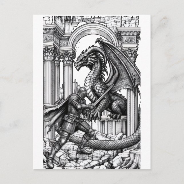 Epischer Ritter vs. Drache Fantasy Postkarte (Vorderseite)