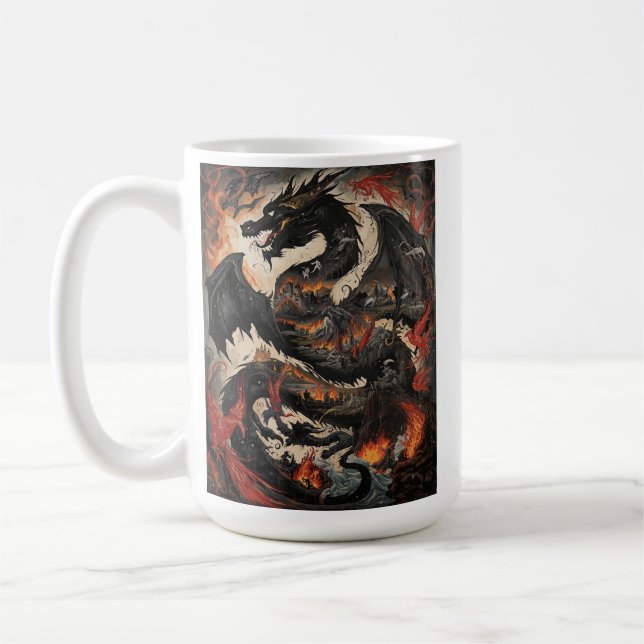 Epischer schwarzer Drache über brennender Burg Fan Kaffeetasse (Links)
