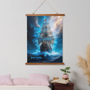 Episches Fantasy-Segelschiff Sturm Ozean Wandteppich Mit Holzrahmen