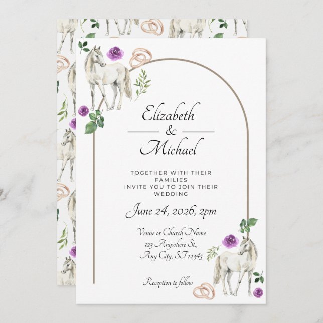Equestrian Purple Floral Wedding Invitation  Einladung (Vorne/Hinten)