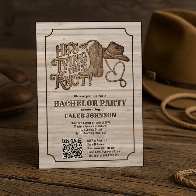 Er bindet den QR-Code der Knot Cowboy-Bachelor-Par Einladung (Von Creator hochgeladen)