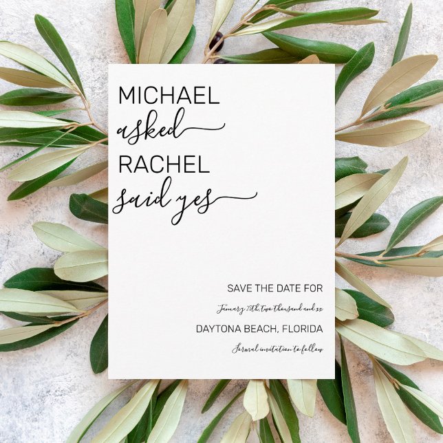 Er Fragte, sie sagte Ja, einfache Schwarze Hochzei Save The Date (Von Creator hochgeladen)