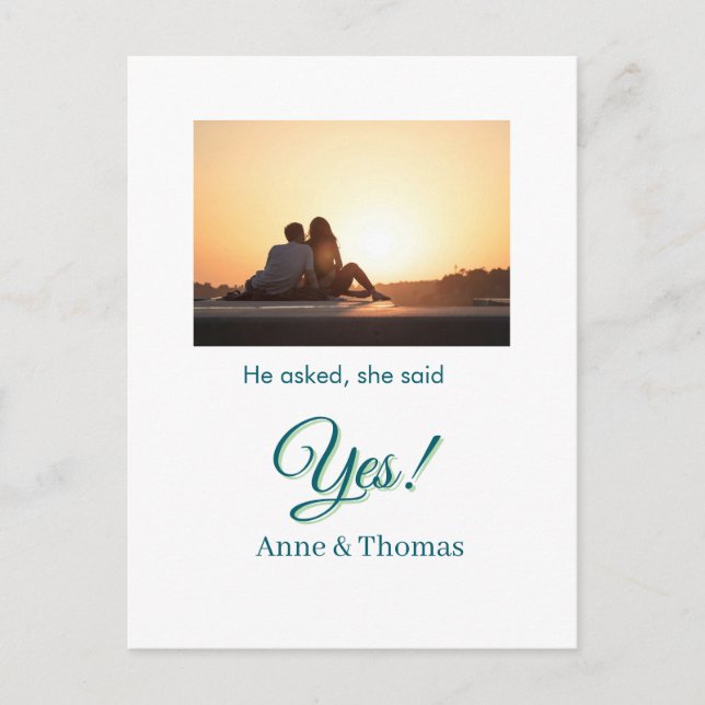 Er fragte, sie sagte ja Foto verlobt blau grün Postkarte (Vorderseite)