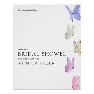 Er gibt mir ein Willkommensschild mit Schmetterlin Poster