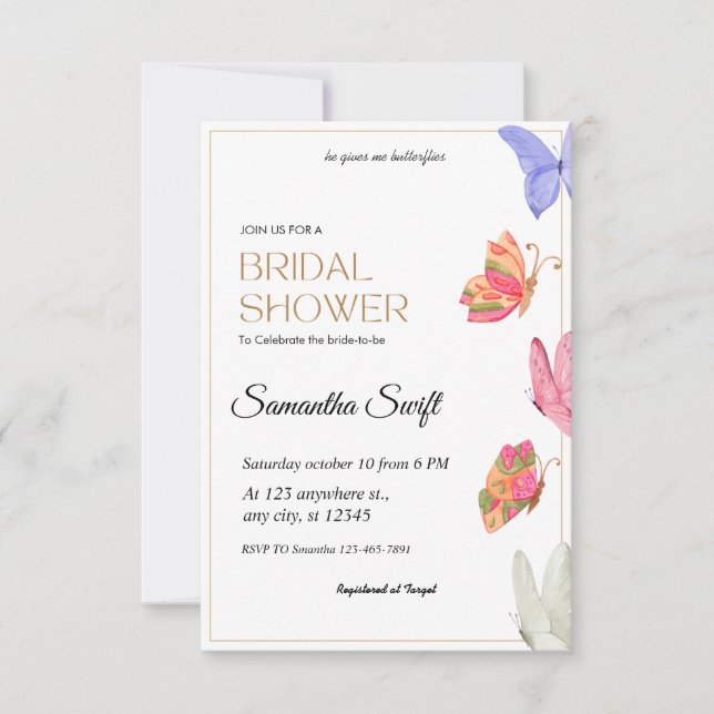 Er gibt mir Schmetterlinge Brautparty Einladung (Vorderseite)