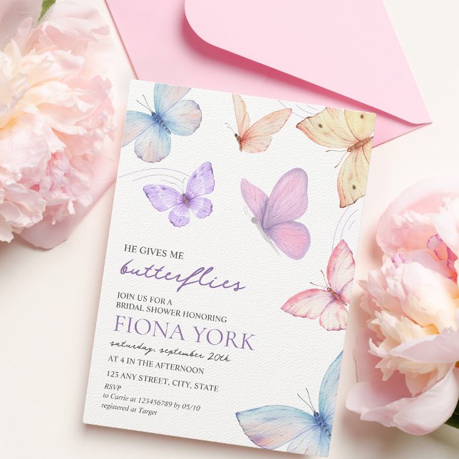 Er gibt mir Schmetterlinge Chic Elegant Brautparty Einladung (He gives me butterflies bridal shower invitation)