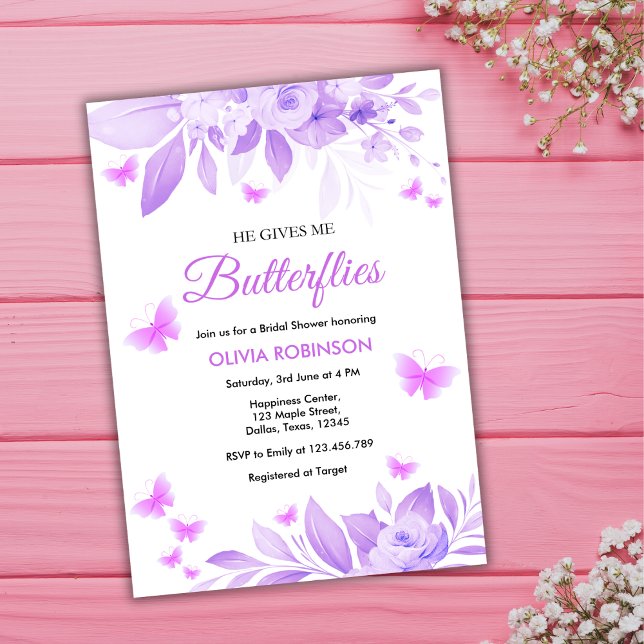 Er gibt mir Schmetterlinge Lila Brautparty Einladung (He Gives Me Butterflies Purple Bridal Shower Invitation )