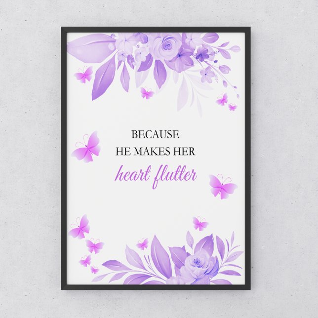 Er gibt mir Schmetterlinge Lila Brautparty Poster (He Gives Me Butterflies Purple Bridal Shower Poster | Because He Makes Her Heart Flutter Poster )