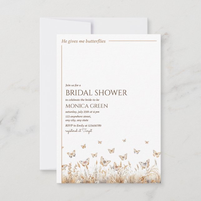 Er gibt mir Schmetterlinge Minimalistisches Brautp Einladung (Vorderseite)