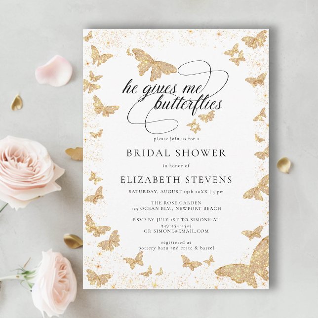 Er gibt mir Schmetterlinge romantisches Brautparty Einladung (he gives her butterflies bridal shower theme invite gold romantic calligraphy elegant boho chic)