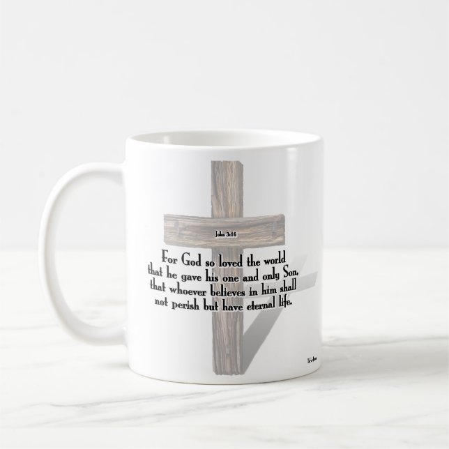 Er hat 3 geruchelte Kreuze und John 3:16. Tasse (Links)