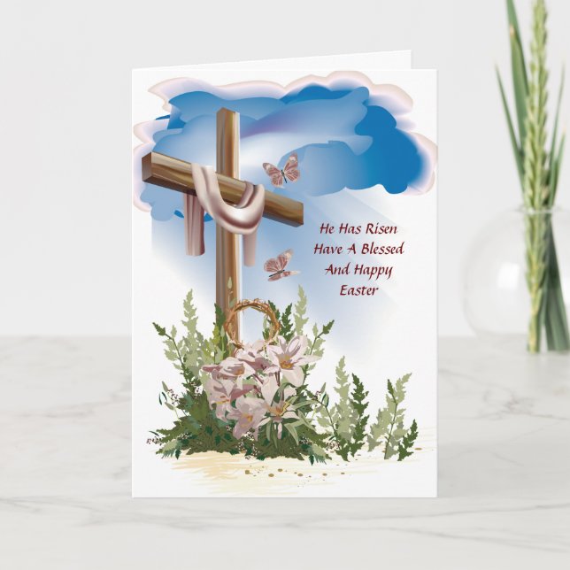 Er hat eine steigende Ostkarte Feiertagskarte (Vorderseite)