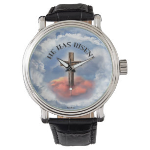 Er hat gestiegenes schroffes Kreuz mit Wolken Armbanduhr
