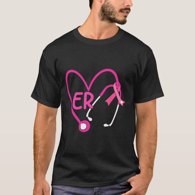 Er Herz Stethoskop rosa Ribbon Brustkrebs er T-Shirt (Vorderseite)