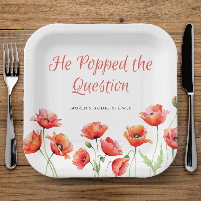 Er hob das Brautparty "Frage Poppy Blume" auf Pappteller (He Popped the Question Poppy Flower Bridal Shower Paper Plates
)
