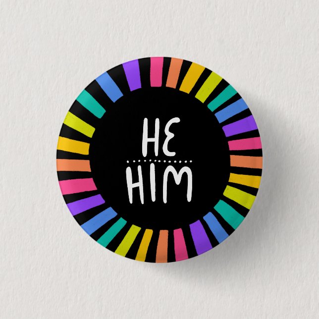 ER/IHM Pronouns Rainbow Handlett Pride Button (Vorderseite)