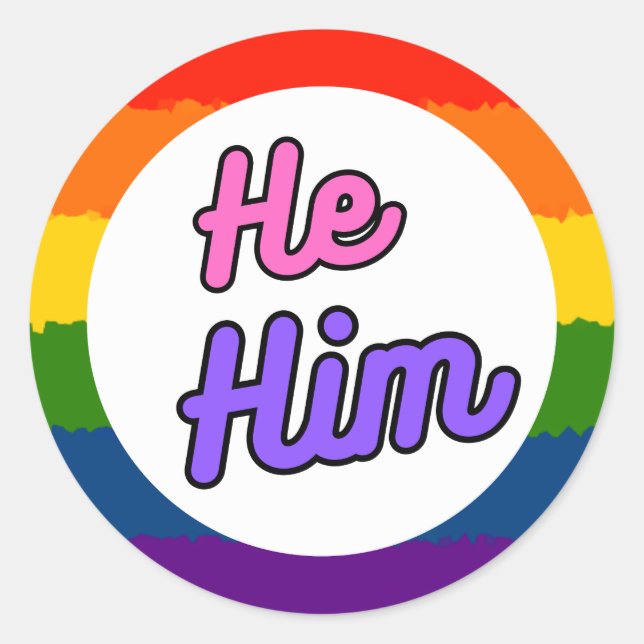 Er ihm Rainbow Pride Pronoun Stickers (Vorderseite)
