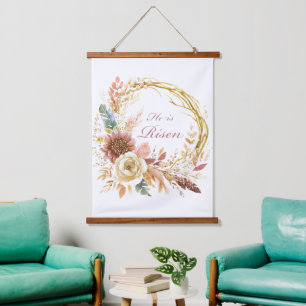 Er ist auferstanden Boho-Blumenkranz Ostern Wandteppich Mit Holzrahmen