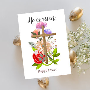 Er ist auferstanden, florales Holzkreuz Ostern, Re Feiertagskarte