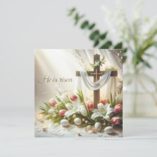 Er ist auferstanden Kreuz mit Lilien und Tulpen Feiertagskarte