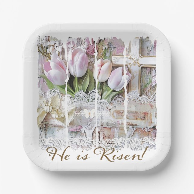 Er ist Christlicher Risen Oaster Tulip Cross Vinta Pappteller (Vorderseite)