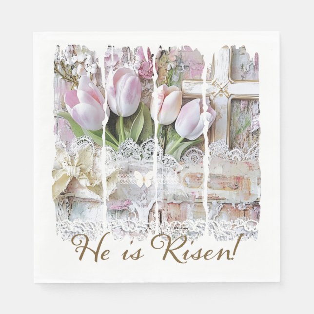 Er ist Christlicher Risen Oaster Tulip Cross Vinta Serviette (Vorderseite)