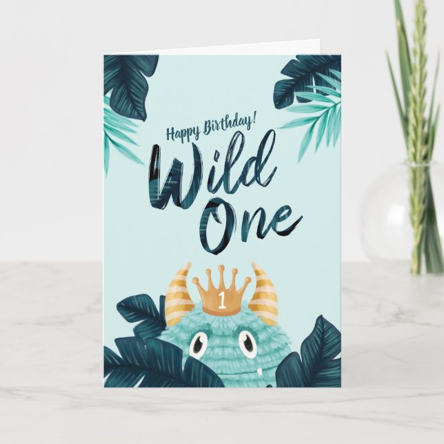Er ist ein Wild One Blue Monster & Tropical Jungle Karte (Vorderseite)