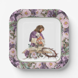 Er ist mit Bibelpapier-Tellern Risoralkreuz Pappteller