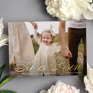 Er ist Rised Gold Foil Script Foto Ostercard Folien Feiertagskarte