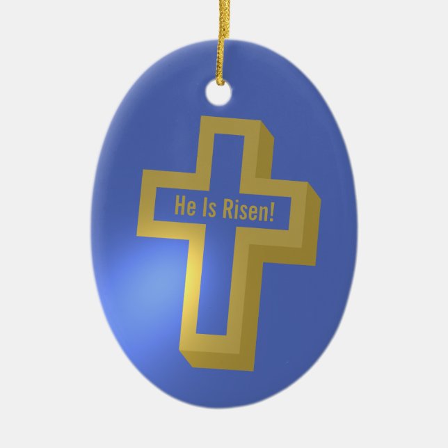 Er ist Rised Gold Lit Christlich Cross Blue Oaster Keramik Ornament (Vorne)