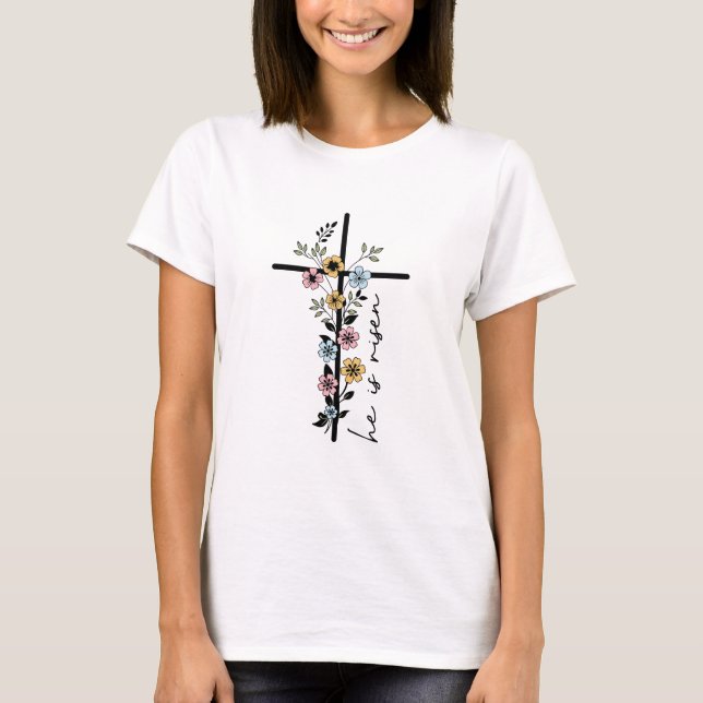 Er ist Risen Floral Cross Happy Oaster T-Shirt (Vorderseite)