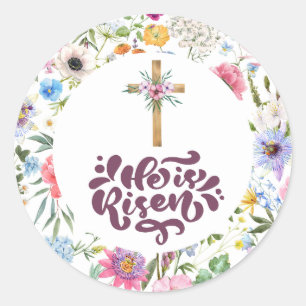 Er ist Risen   Floral Ostern   Religiös Runder Aufkleber